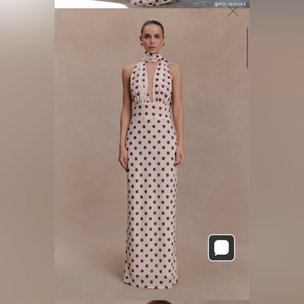 MESHKI Polka Dot Halter Maxi Dress in Cream and Burgundy XS